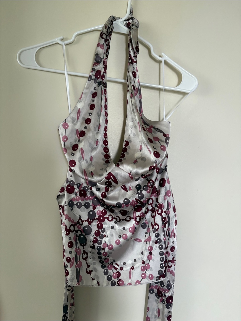 Trina Turk Silver Halter Cowl Satin Camisole with Burgundy and Gray Chain Print